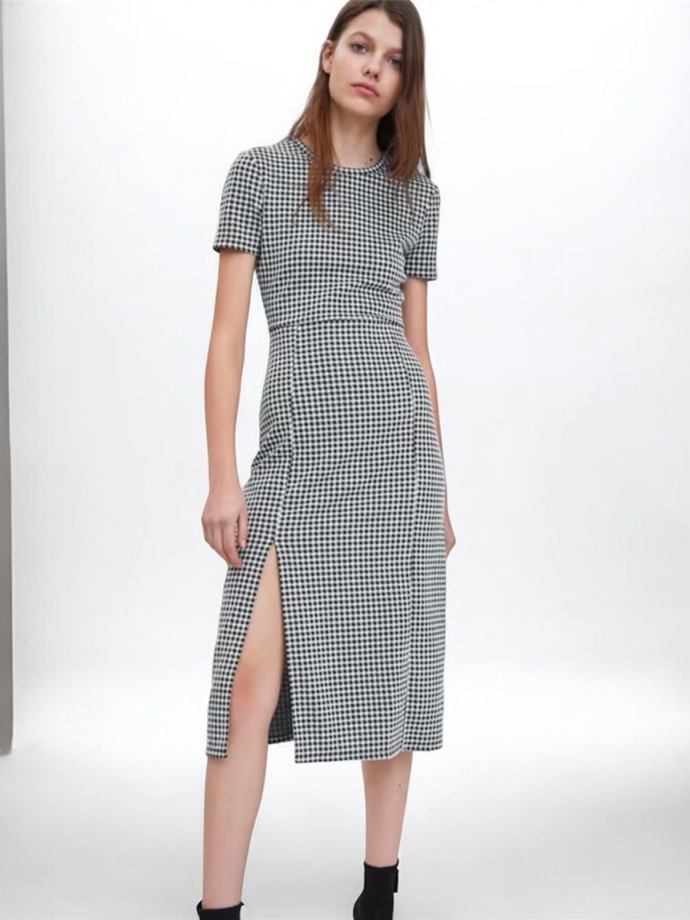 ZARA Gingham Check Black White Stretchy Midi Bodycon Short Sleeve Dress Sz S